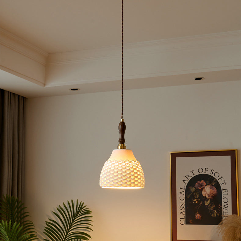 Traditional Japanese Ceramic Brass Walnut Cylinder Conic Texture 1-Light Pendant Light For Dining Room