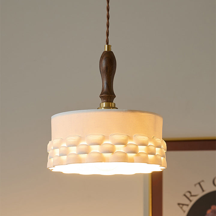 Traditional Japanese Ceramic Brass Walnut Cylinder Conic Texture 1-Light Pendant Light For Dining Room