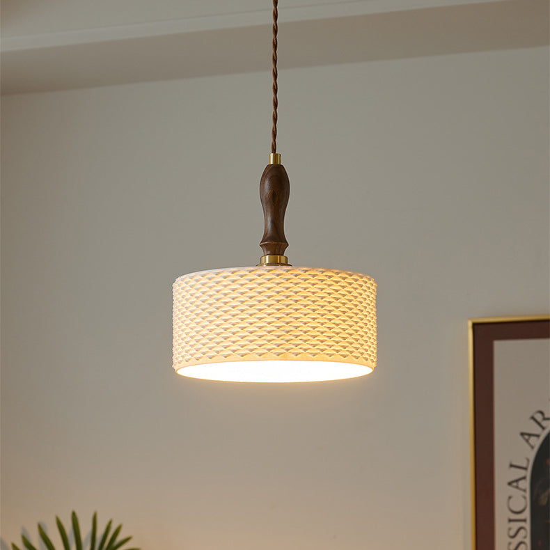 Traditional Japanese Ceramic Brass Walnut Cylinder Conic Texture 1-Light Pendant Light For Dining Room