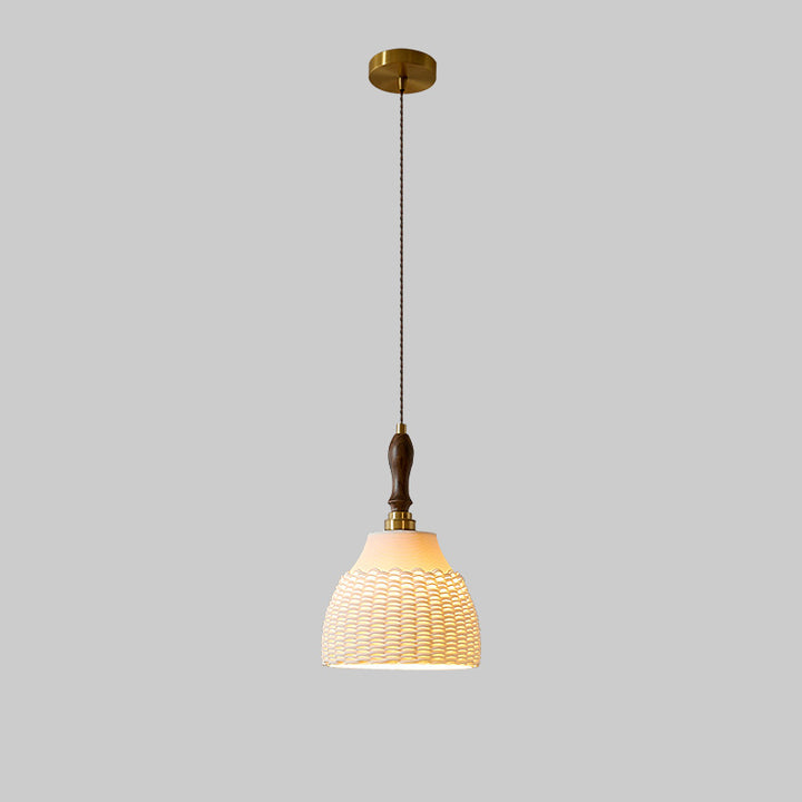 Traditionelle japanische Keramik Messing Walnuss Zylinder Kegelförmige Textur 1-Licht Pendelleuchte für das Esszimmer 