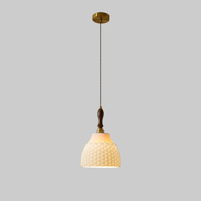 Traditional Japanese Ceramic Brass Walnut Cylinder Conic Texture 1-Light Pendant Light For Dining Room