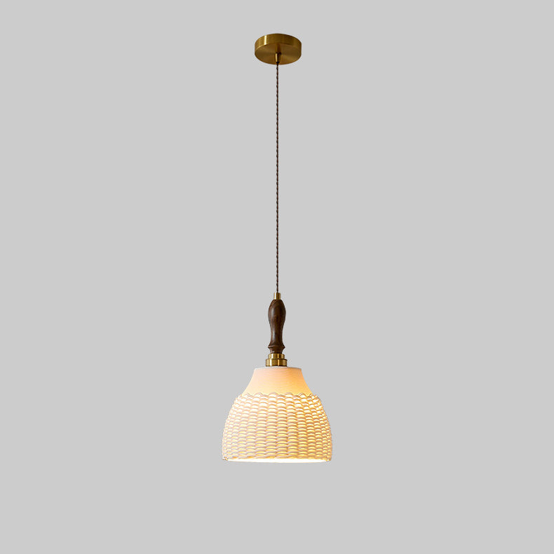 Traditional Japanese Ceramic Brass Walnut Cylinder Conic Texture 1-Light Pendant Light For Dining Room