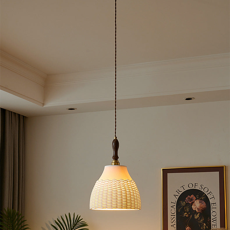 Traditionelle japanische Keramik Messing Walnuss Zylinder Kegelförmige Textur 1-Licht Pendelleuchte für das Esszimmer 