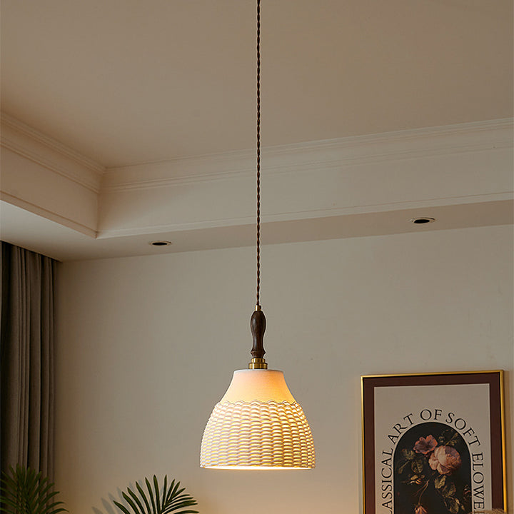 Traditionelle japanische Keramik Messing Walnuss Zylinder Kegelförmige Textur 1-Licht Pendelleuchte für das Esszimmer 