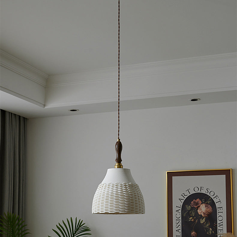 Traditional Japanese Ceramic Brass Walnut Cylinder Conic Texture 1-Light Pendant Light For Dining Room