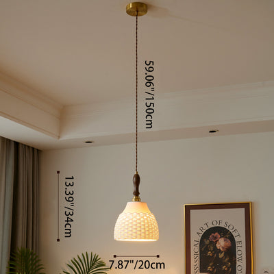 Traditional Japanese Ceramic Brass Walnut Cylinder Conic Texture 1-Light Pendant Light For Dining Room