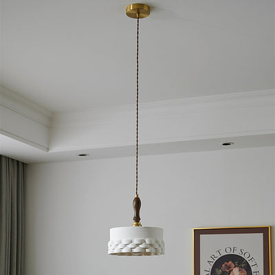 Traditional Japanese Ceramic Brass Walnut Cylinder Conic Texture 1-Light Pendant Light For Dining Room
