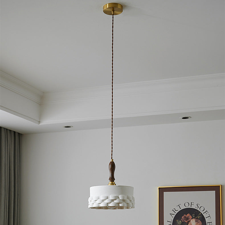 Traditional Japanese Ceramic Brass Walnut Cylinder Conic Texture 1-Light Pendant Light For Dining Room
