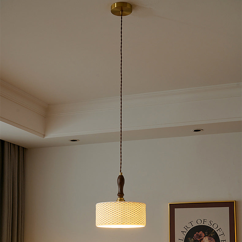 Traditional Japanese Ceramic Brass Walnut Cylinder Conic Texture 1-Light Pendant Light For Dining Room