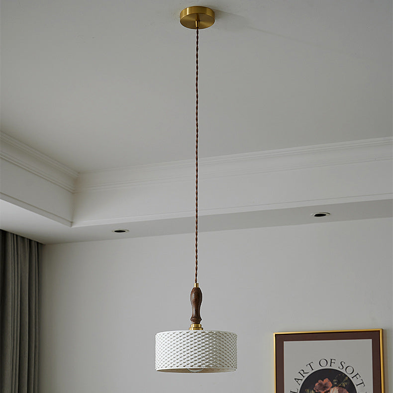 Traditional Japanese Ceramic Brass Walnut Cylinder Conic Texture 1-Light Pendant Light For Dining Room