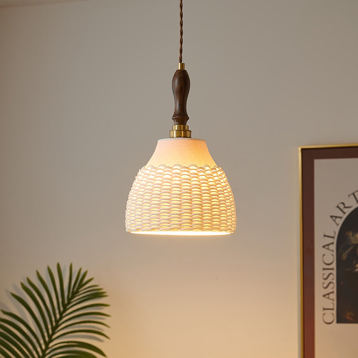 Traditional Japanese Ceramic Brass Walnut Cylinder Conic Texture 1-Light Pendant Light For Dining Room