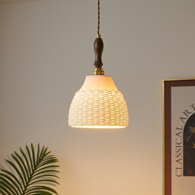 Traditional Japanese Ceramic Brass Walnut Cylinder Conic Texture 1-Light Pendant Light For Dining Room