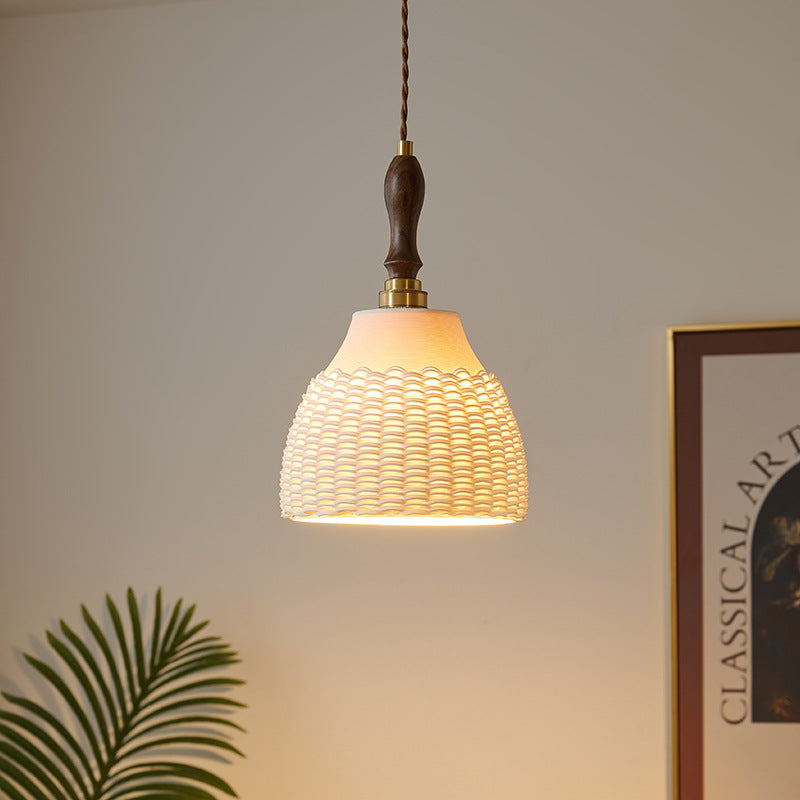 Traditional Japanese Ceramic Brass Walnut Cylinder Conic Texture 1-Light Pendant Light For Dining Room