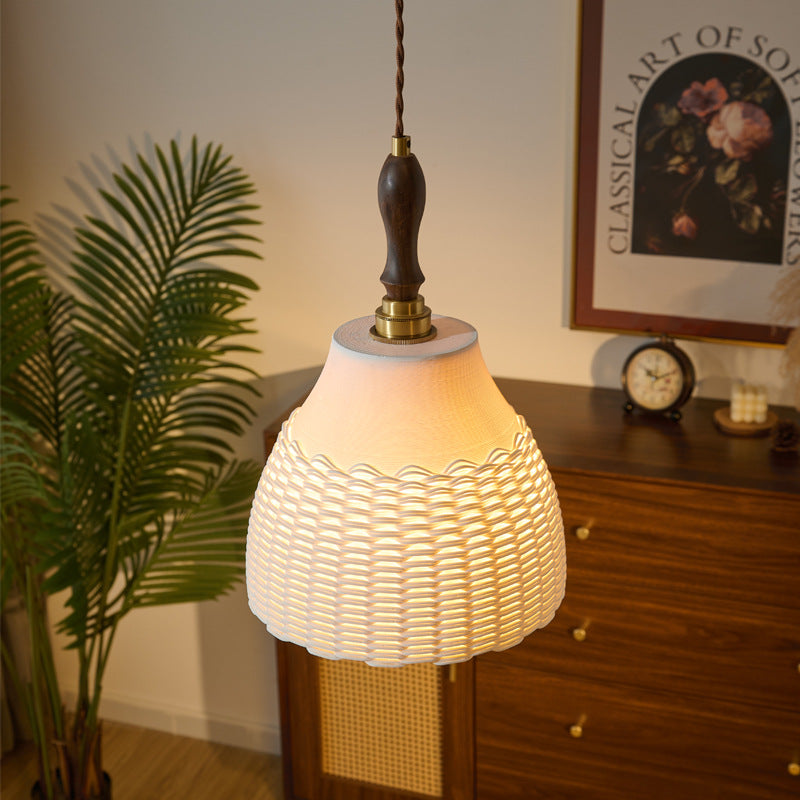 Traditional Japanese Ceramic Brass Walnut Cylinder Conic Texture 1-Light Pendant Light For Dining Room