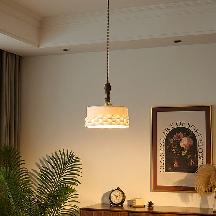 Traditionelle japanische Keramik Messing Walnuss Zylinder Kegelförmige Textur 1-Licht Pendelleuchte für das Esszimmer 