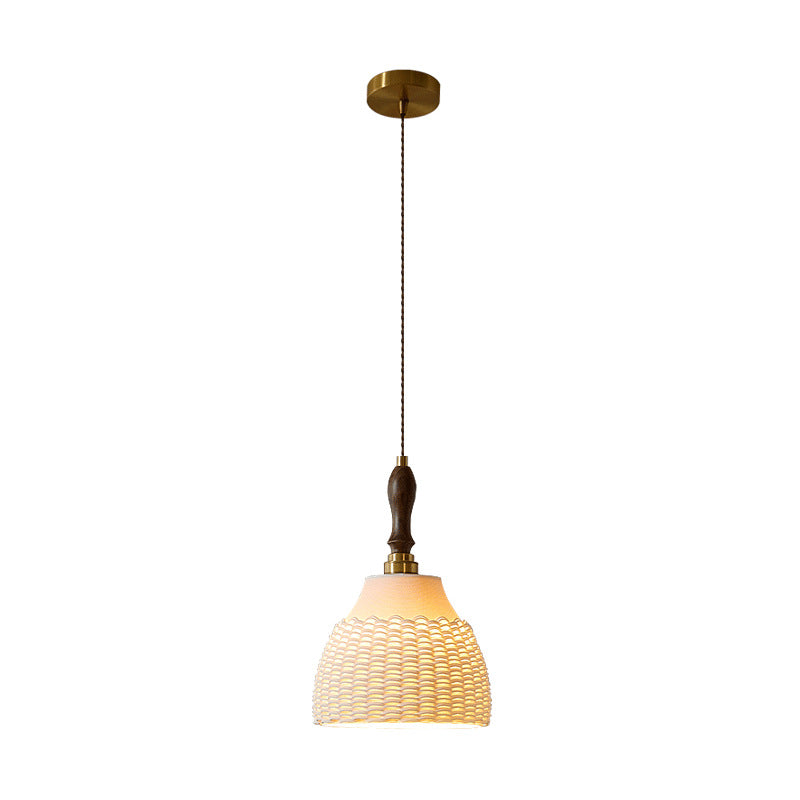 Traditional Japanese Ceramic Brass Walnut Cylinder Conic Texture 1-Light Pendant Light For Dining Room