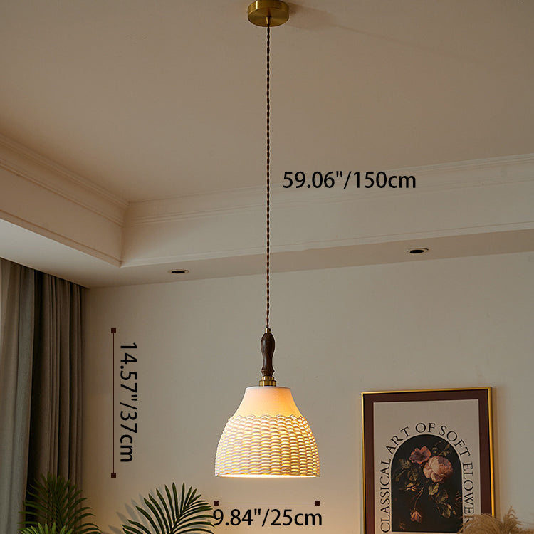 Traditional Japanese Ceramic Brass Walnut Cylinder Conic Texture 1-Light Pendant Light For Dining Room