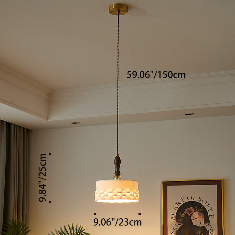Traditional Japanese Ceramic Brass Walnut Cylinder Conic Texture 1-Light Pendant Light For Dining Room