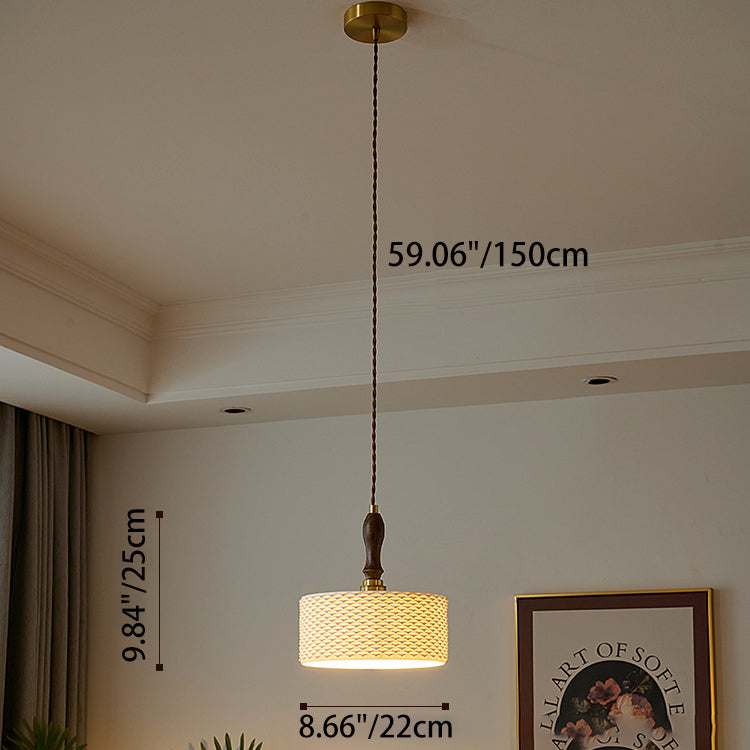 Traditional Japanese Ceramic Brass Walnut Cylinder Conic Texture 1-Light Pendant Light For Dining Room