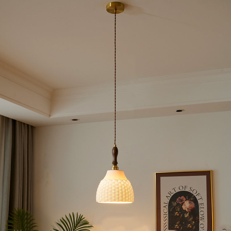 Traditional Japanese Ceramic Brass Walnut Cylinder Conic Texture 1-Light Pendant Light For Dining Room