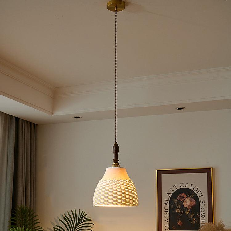 Traditionelle japanische Keramik Messing Walnuss Zylinder Kegelförmige Textur 1-Licht Pendelleuchte für das Esszimmer 