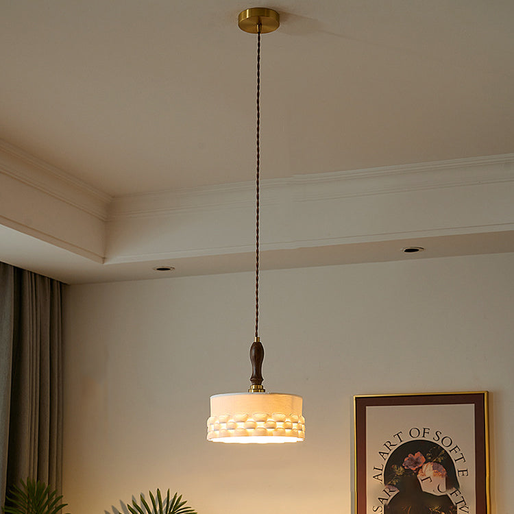 Traditional Japanese Ceramic Brass Walnut Cylinder Conic Texture 1-Light Pendant Light For Dining Room