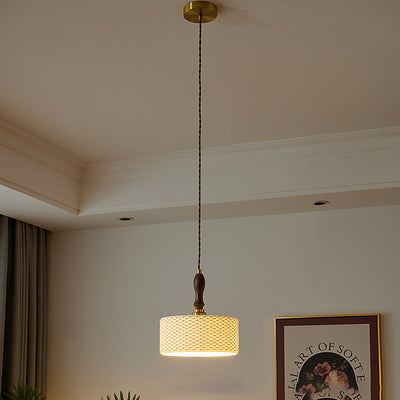 Traditional Japanese Ceramic Brass Walnut Cylinder Conic Texture 1-Light Pendant Light For Dining Room