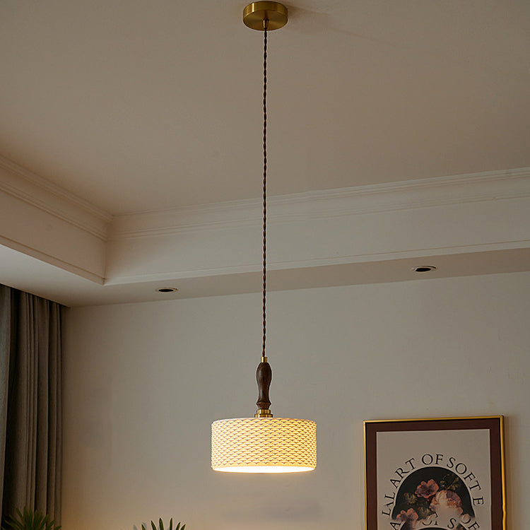 Traditional Japanese Ceramic Brass Walnut Cylinder Conic Texture 1-Light Pendant Light For Dining Room