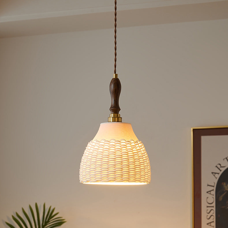Traditional Japanese Ceramic Brass Walnut Cylinder Conic Texture 1-Light Pendant Light For Dining Room