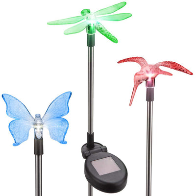 Moderne Art Deco Solar Wasserdichte Edelstahl PVC Kunststoff Schmetterling Libelle Fliegender Vogel LED Außenleuchte Landschaftsbeleuchtung für Garten 