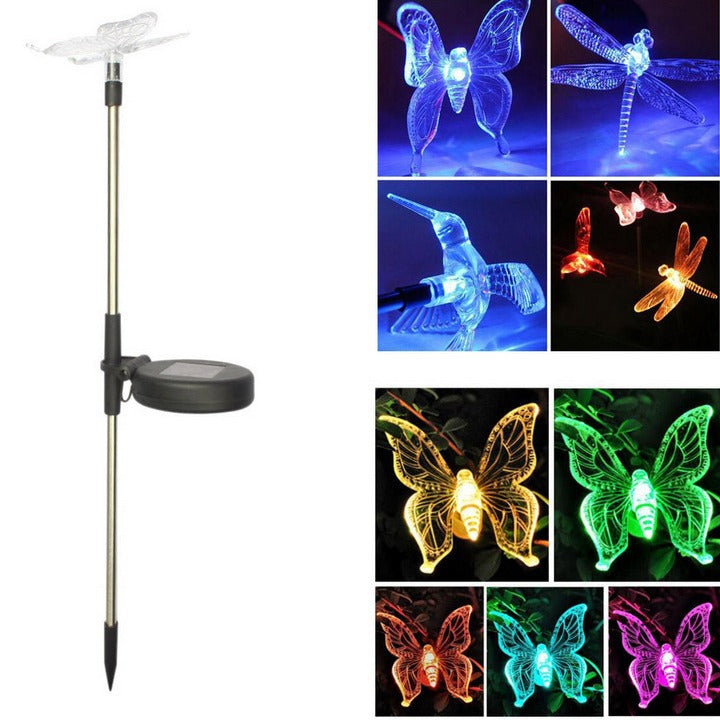Moderne Art Deco Solar Wasserdichte Edelstahl PVC Kunststoff Schmetterling Libelle Fliegender Vogel LED Außenleuchte Landschaftsbeleuchtung für Garten 