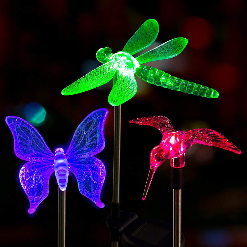 Moderne Art Deco Solar Wasserdichte Edelstahl PVC Kunststoff Schmetterling Libelle Fliegender Vogel LED Außenleuchte Landschaftsbeleuchtung für Garten 