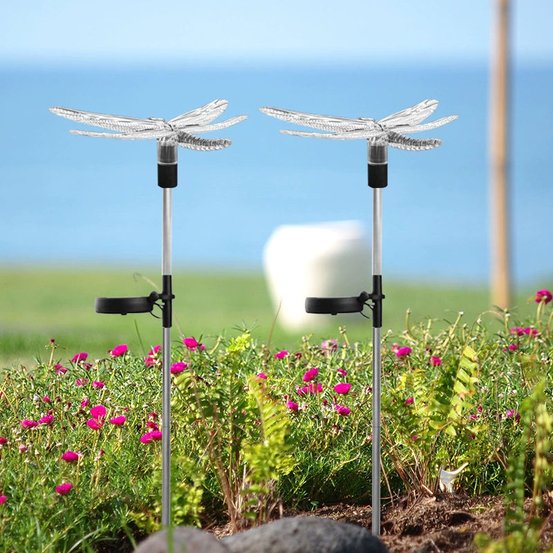 Moderne Art Deco Solar Wasserdichte Edelstahl PVC Kunststoff Schmetterling Libelle Fliegender Vogel LED Außenleuchte Landschaftsbeleuchtung für Garten 