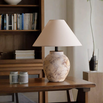 Traditional Vintage Handmade Ceramic Fabric Conic Pot 1-Light Table Lamp For Bedside