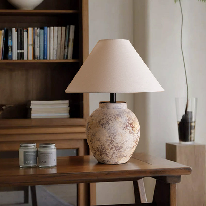 Traditional Vintage Handmade Ceramic Fabric Conic Pot 1-Light Table Lamp For Bedside