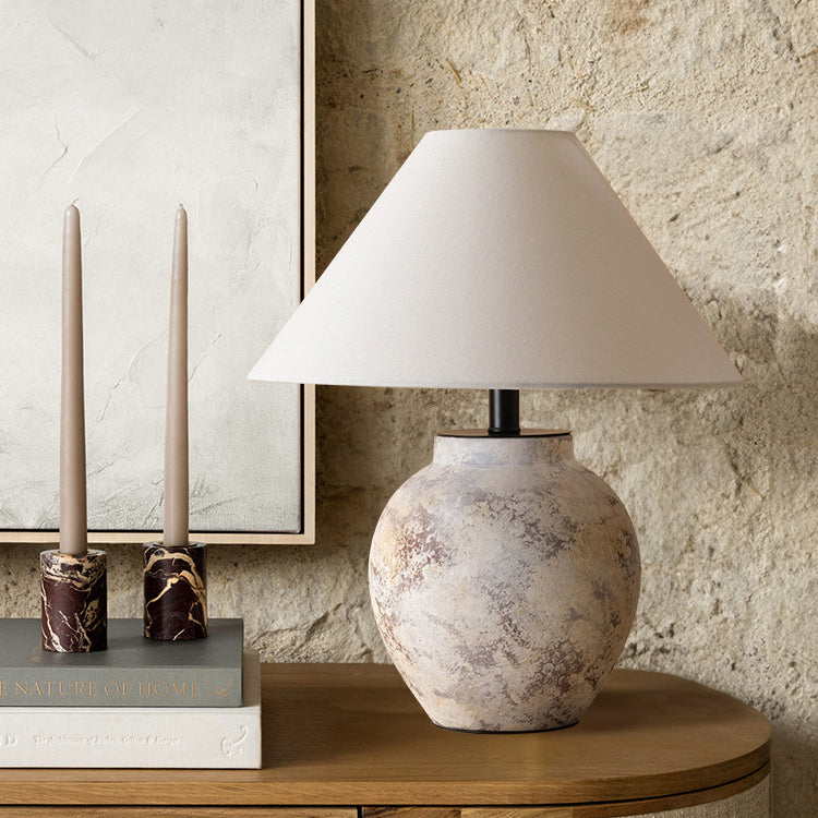 Traditional Vintage Handmade Ceramic Fabric Conic Pot 1-Light Table Lamp For Bedside