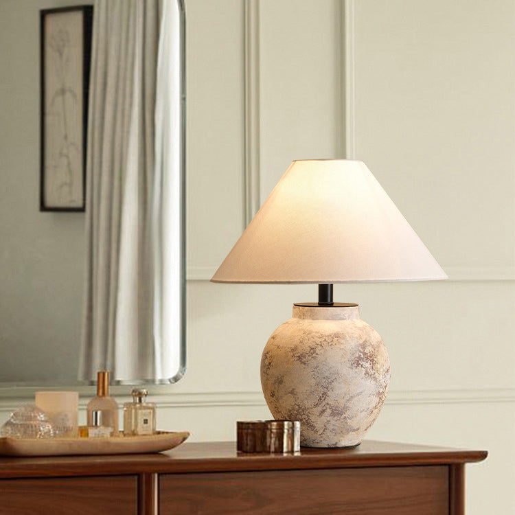 Traditional Vintage Handmade Ceramic Fabric Conic Pot 1-Light Table Lamp For Bedside