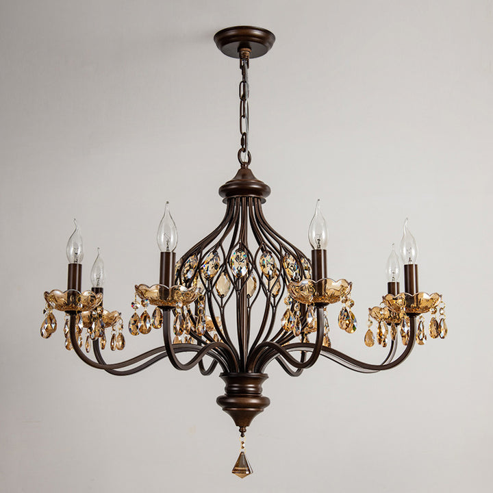 Candelabro de Hierro Retro Contemporáneo con Cristales en Forma de Lágrima de 6/8/10 Luces para Sala de Estar 
