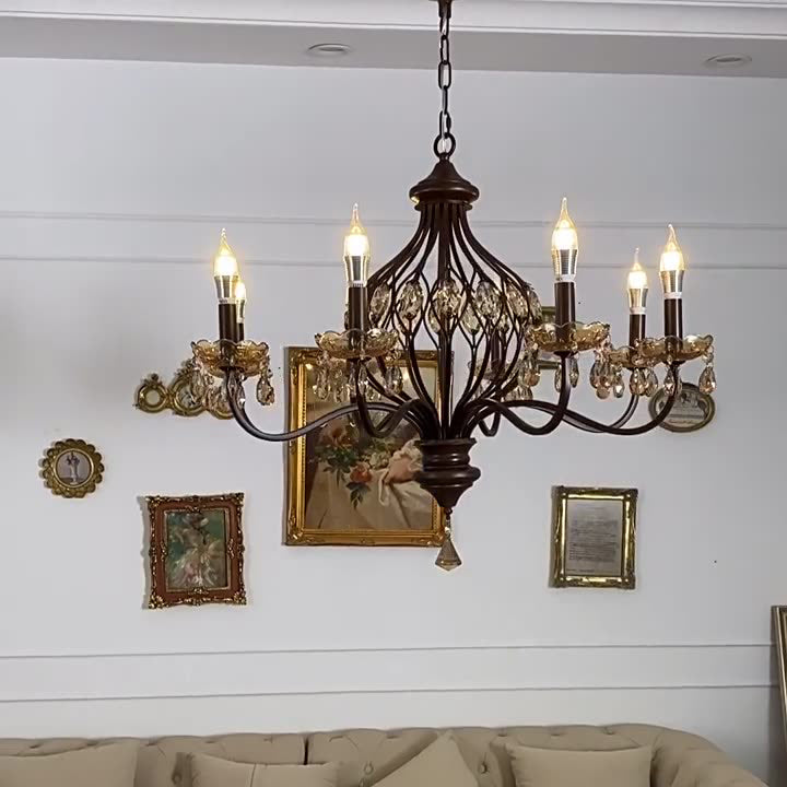 Candelabro de Hierro Retro Contemporáneo con Cristales en Forma de Lágrima de 6/8/10 Luces para Sala de Estar 