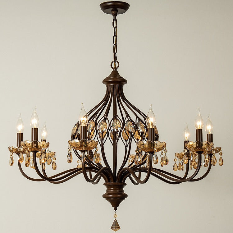 Candelabro de Hierro Retro Contemporáneo con Cristales en Forma de Lágrima de 6/8/10 Luces para Sala de Estar 