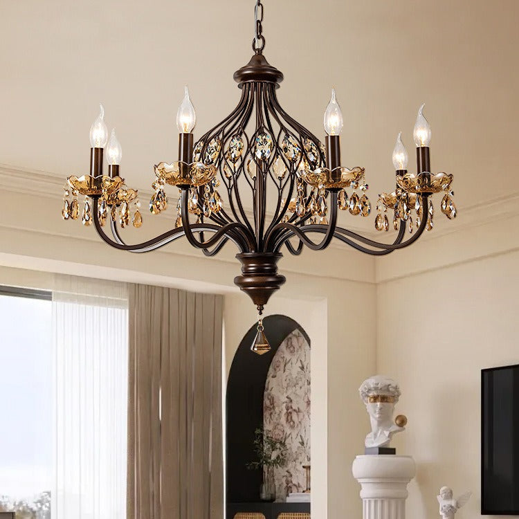 Candelabro de Hierro Retro Contemporáneo con Cristales en Forma de Lágrima de 6/8/10 Luces para Sala de Estar 