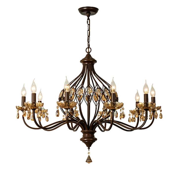 Candelabro de Hierro Retro Contemporáneo con Cristales en Forma de Lágrima de 6/8/10 Luces para Sala de Estar 