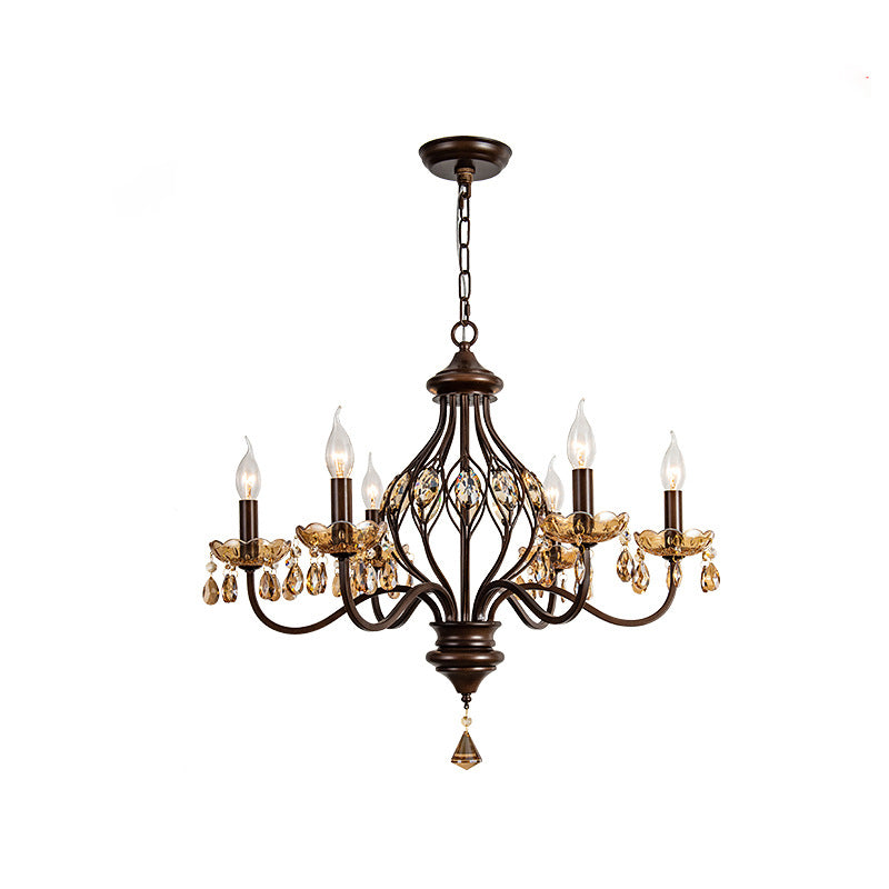 Candelabro de Hierro Retro Contemporáneo con Cristales en Forma de Lágrima de 6/8/10 Luces para Sala de Estar 