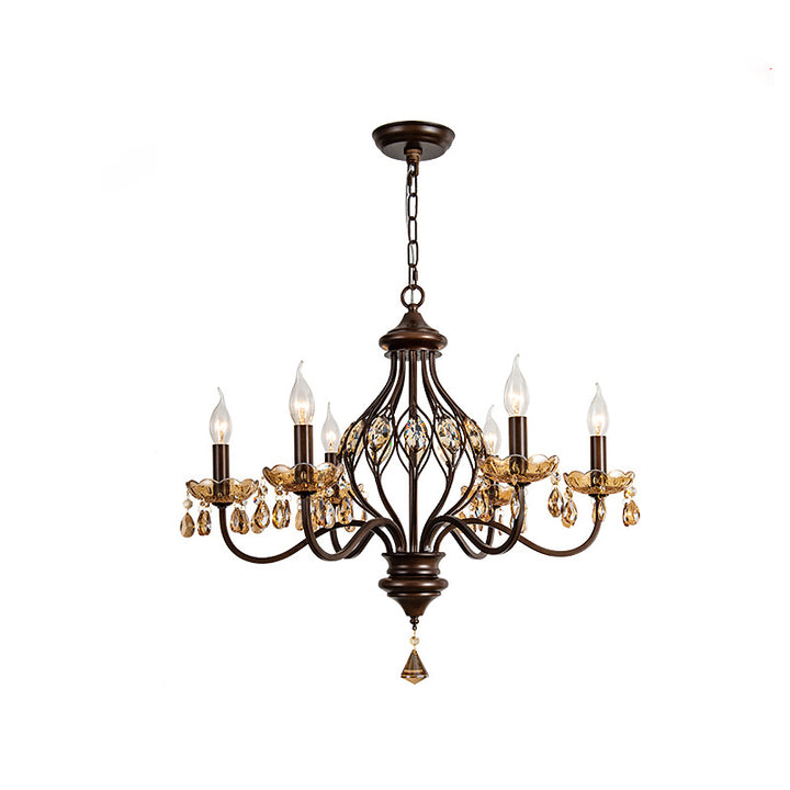 Candelabro de Hierro Retro Contemporáneo con Cristales en Forma de Lágrima de 6/8/10 Luces para Sala de Estar 