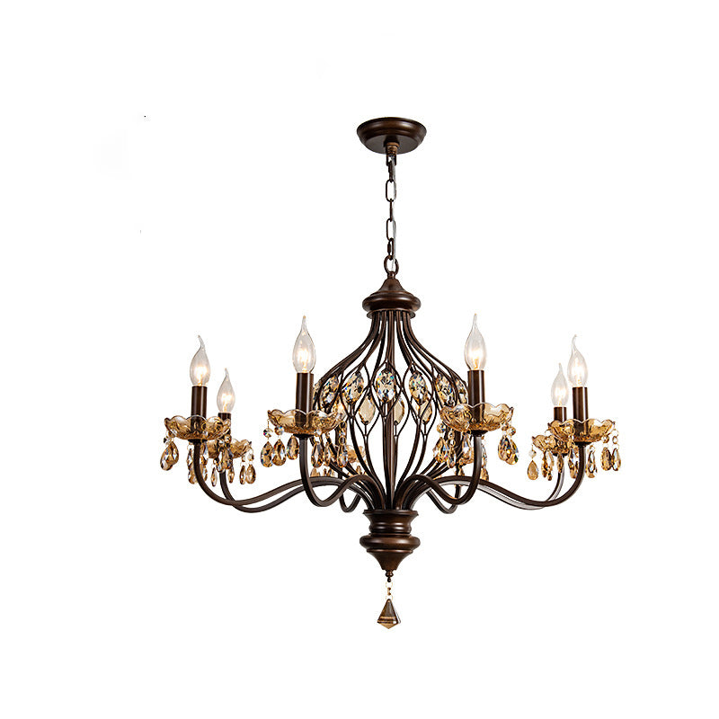 Candelabro de Hierro Retro Contemporáneo con Cristales en Forma de Lágrima de 6/8/10 Luces para Sala de Estar 