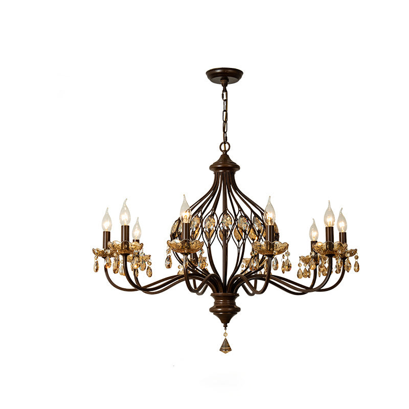 Candelabro de Hierro Retro Contemporáneo con Cristales en Forma de Lágrima de 6/8/10 Luces para Sala de Estar 