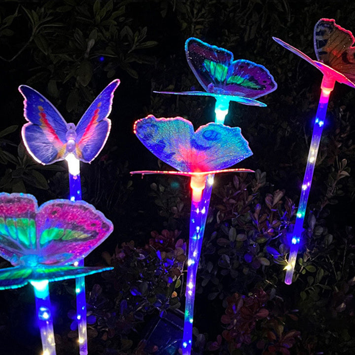 Moderne Art Deco Solar wasserdichte Schmetterlings-Glasfaser-Edelstahl-ABS-LED-Außenleuchte Landschaftsbeleuchtung für den Garten 