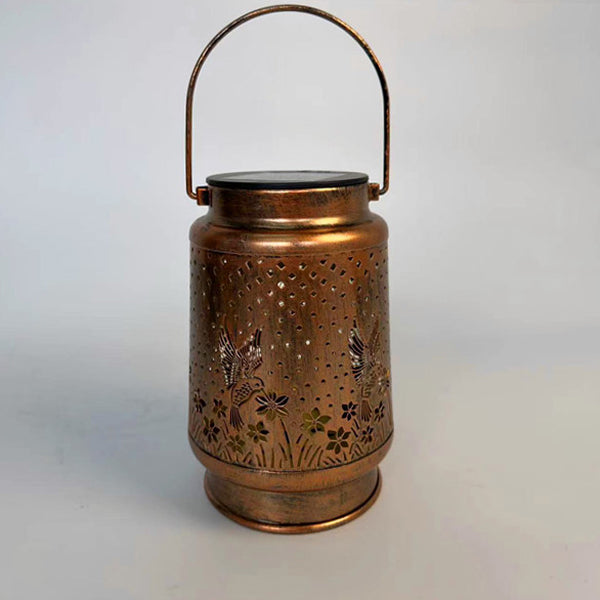 Contemporary Retro Solar Waterproof Iron Portable Hollowed Lantern Bird Flower LED Outdoor Light Landscape Lighting For Garden