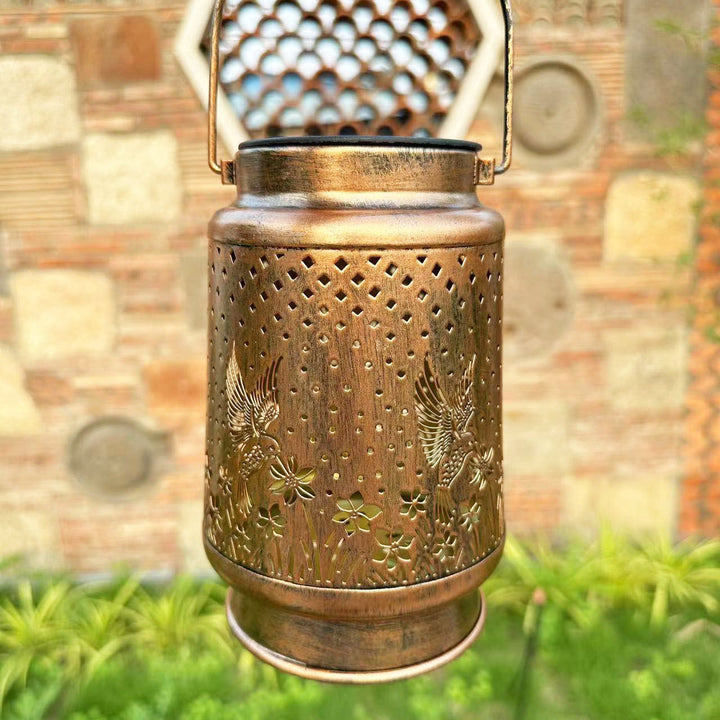 Contemporary Retro Solar Waterproof Iron Portable Hollowed Lantern Bird Flower LED Outdoor Light Landscape Lighting For Garden
