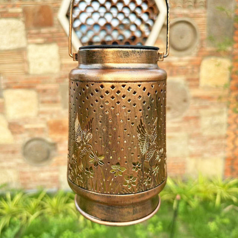 Contemporary Retro Solar Waterproof Iron Portable Hollowed Lantern Bird Flower LED Outdoor Light Landscape Lighting For Garden